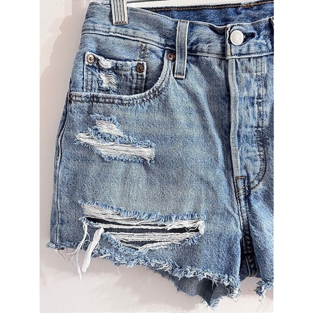 Levi's Light Blue Distressed Denim Jean Shorts 27 - Picture 3 of 10